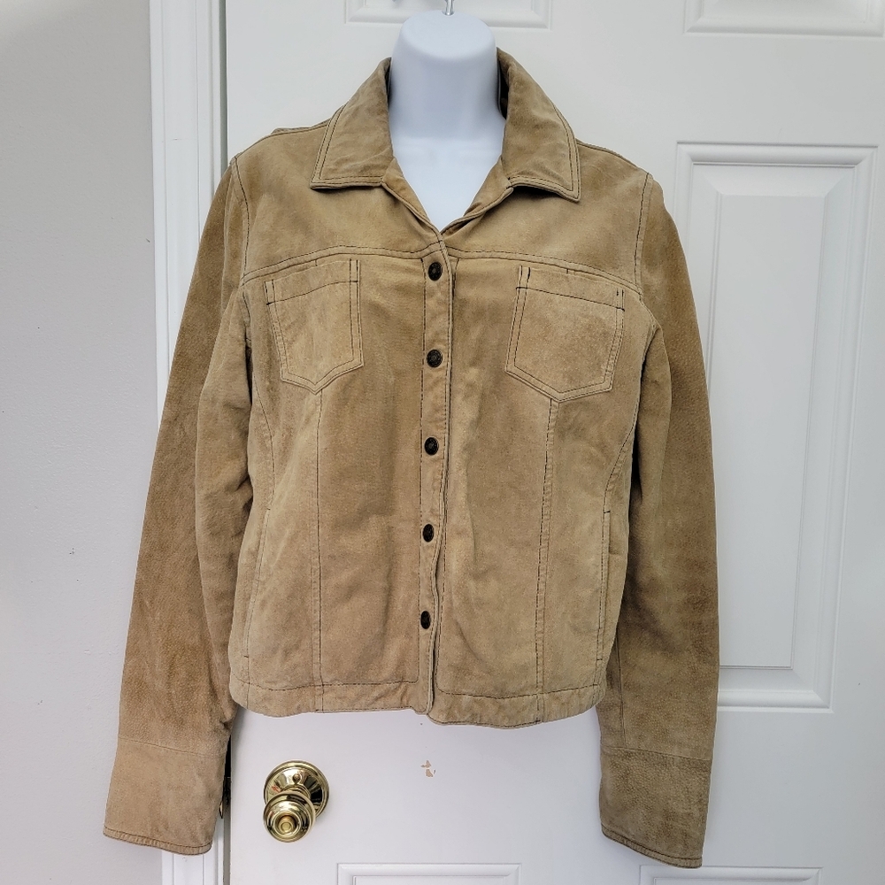 Live A Little 100% Leather Tan Jacket Womens Lined Buttons Pockets Size M